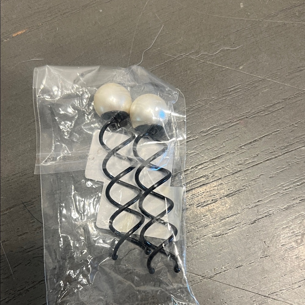 Black Spiral Hair Pins with White Beads